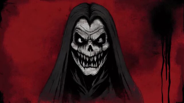 A terrifying, grinning skull figure in a dark hood stares forward against a textured red background.