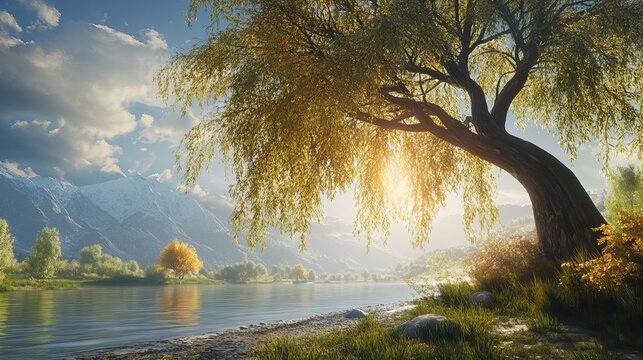 Golden sunlight illuminates weeping willow branches over tranquil water reflecting majestic mountains, serene nature concept