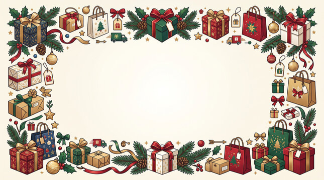 Holiday gift border with presents and bags