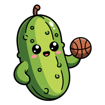 Kawaii pickle athlete holding an orange basketball