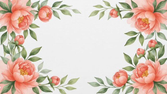 Beautiful watercolor floral frame with pink peonies and green leaves, perfect for invitations and greeting cards.
