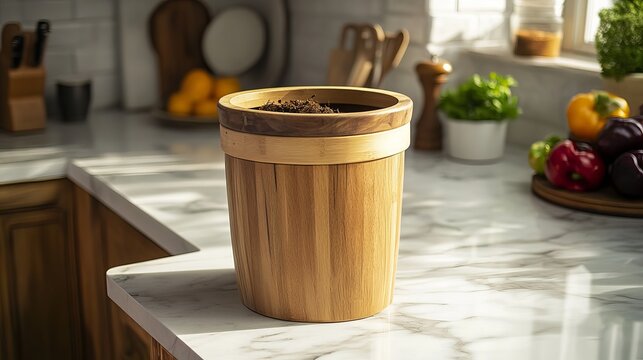Wooden planter filled with dark soil resting upon marble countertop, surrounded by vibrant citrus and fresh herbs concept