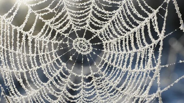 Frozen spider web glistening with morning frost