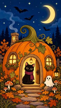 Cute Black Cat in Scarf Sitting in Pumpkin House Doorway on Halloween Night Cartoony Illustration