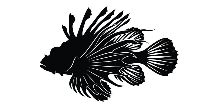 Lionfish design depicts a dark and spiky underwater predator isolated on a stark white surface.