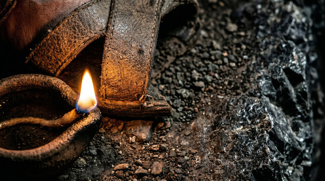 Psalm 119, Your word is a lamp to my feet', An ancient clay oil lamp illuminating a dark, treacherous rocky path at night   