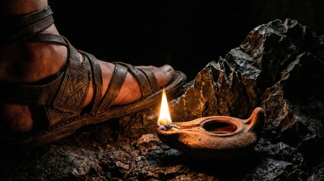 Psalm 119, Your word is a lamp to my feet', An ancient clay oil lamp illuminating a dark, treacherous rocky path at night   