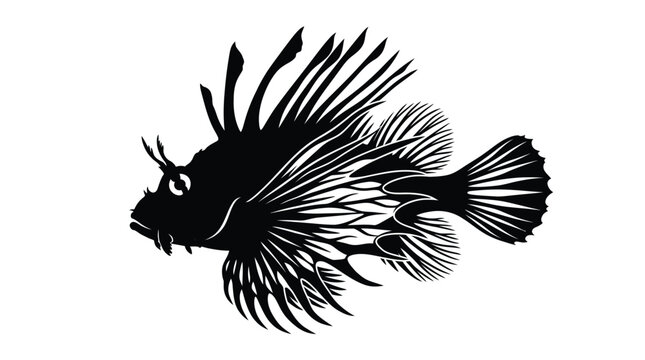 Lionfish illustration displays elegant fin patterns and a textured body in a high contrast style.