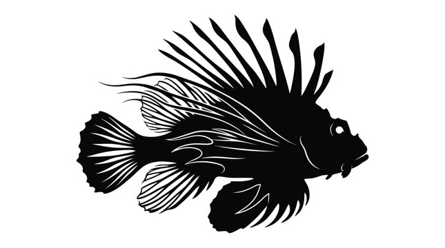 Lionfish graphic icon showcases bold black lines and spiny textures against a solid white backdrop.