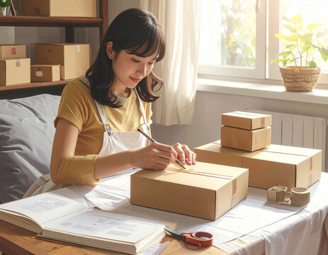 Young woman packing cardboard boxes for online business