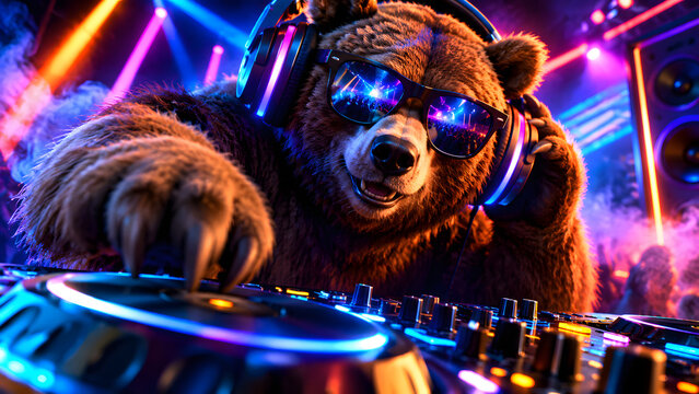 Cool Neon Party DJ Bear Wearing Headphones and Sunglasses &ndash; Funny Animal Musician Character