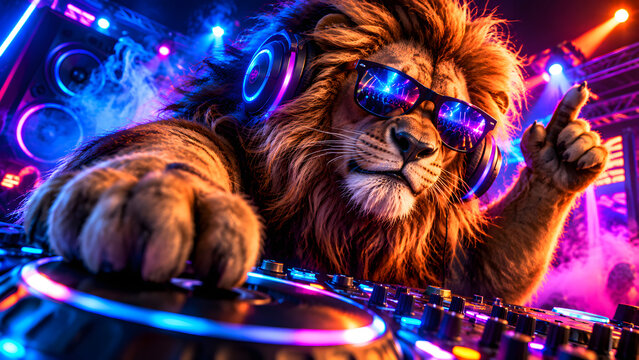 Cool Neon Party DJ Lion Wearing Headphones and Sunglasses &ndash; Funny Animal Musician Character