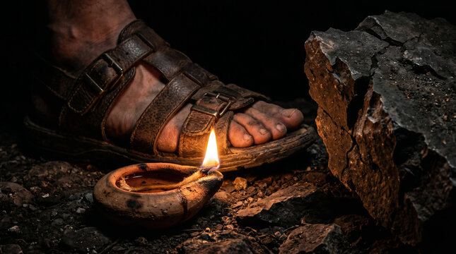 Psalm 119, Your word is a lamp to my feet', An ancient clay oil lamp illuminating a dark, treacherous rocky path at night   
