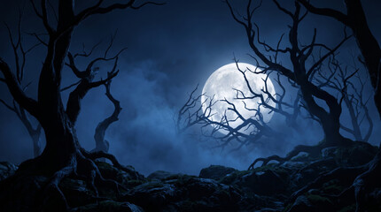 Obraz premium Branch halloween background dry tree moonlight night forest fog spooky landscape. Creepy eerie gothic horror forest. old wood tree branch root, mysterious dramatic fantasy skittish
