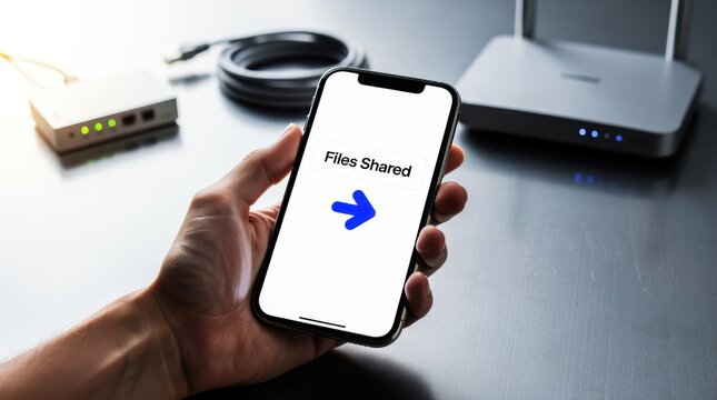 Hand holding a smartphone displaying files shared on screen. Wireless router, modem, and cables sit on an office desk. Fast network connectivity concept, ideal for IT and data transfer.