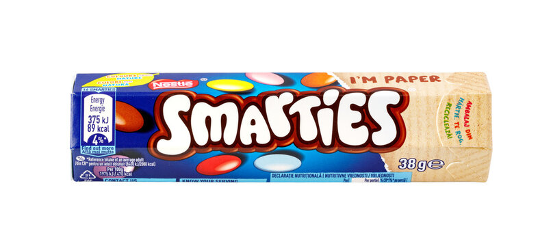 Smarties chocolate candy paper tube packaging with transparent background