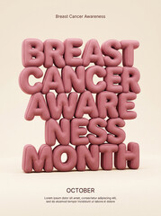 Breast Cancer Awareness Month conceptual poster with 3D pink typography on a soft background. © yusmal
