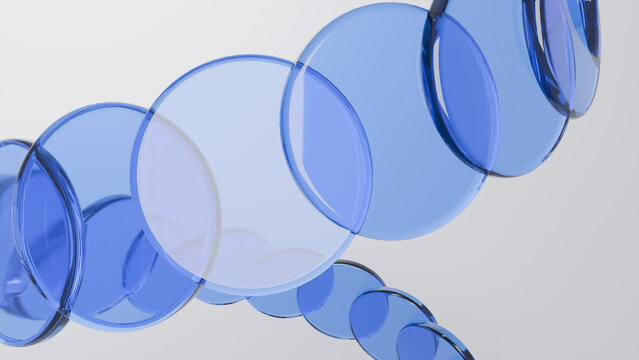 Abstract 3D Blue Glass Disks Background with Transparent Spheres and Circles for Modern Corporate Tech Presentation and Web Design