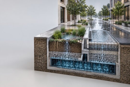 Urban Stormwater Drainage Cutaway with Permeable Pavement and Rain Garden