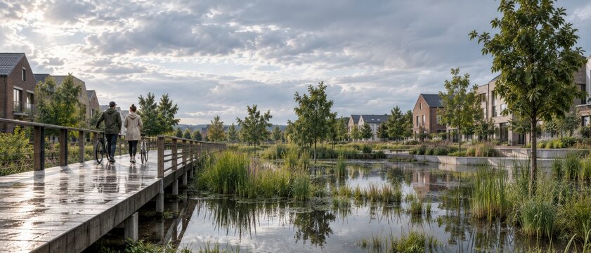 Flood Resilient Neighborhood with Raised Walkway and Water Retention Park