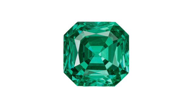Octagonal cut emerald gemstone deep green color faceted facets, isolated on transparent background