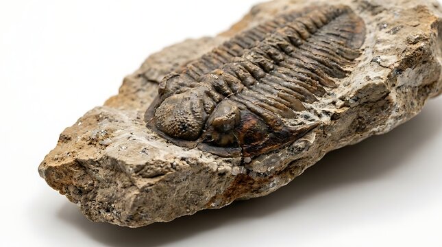 A fossilized trilobite specimen embedded in a piece of rough sedimentary rock.