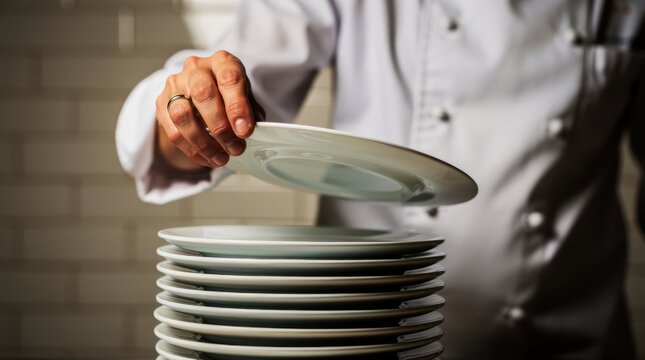 Chef taking a clean white plate from a stack in a restaurant kitchen. Professional cook preparing dishware for food service. Culinary catering concept ideal for hospitality marketing.