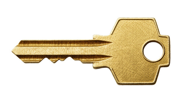 Shiny golden house key with serrated edge, isolated on transparent background