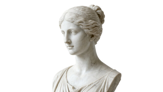 Classical marble bust of a woman with hair in a bun, isolated on transparent background