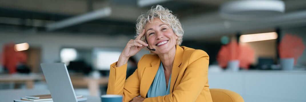 Confident professional woman with headset seated at laptop in open office workspace for customer support banner and website use