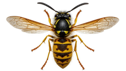 Fototapeta premium Detailed close-up of a yellow and black striped wasp with transparent wings, isolated on transparent background