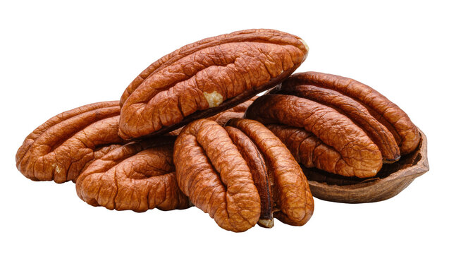 Pile of shelled pecan nuts with textured brown shells, isolated on transparent background