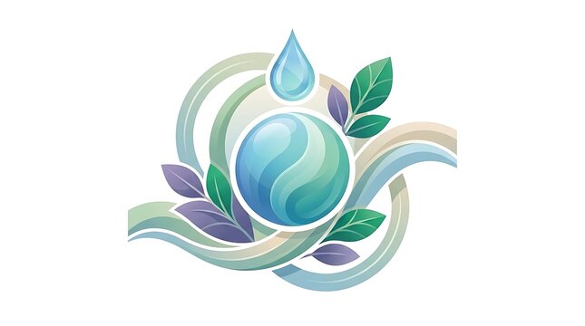 Abstract watercolor logo featuring a blue water sphere with leaves and flowing ribbons.