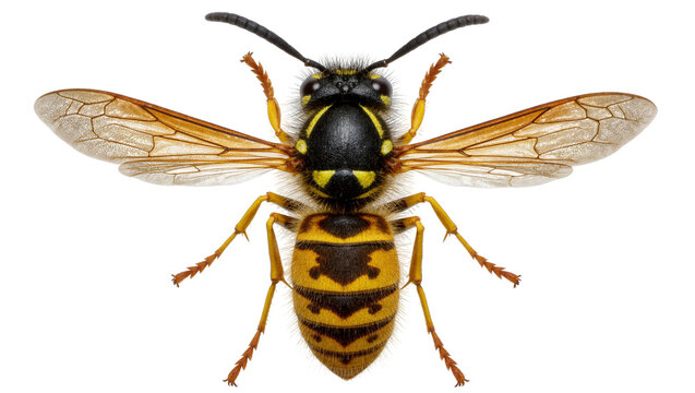 Detailed close-up of a yellow and black striped wasp with transparent wings, isolated on transparent background