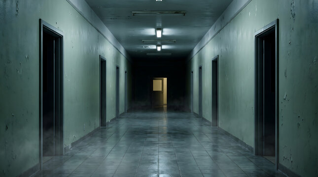 Creepy abandoned hospital corridor with peeling green walls and dark empty doorways in liminal space