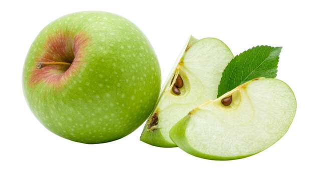 Whole green apple with two slices and leaves, isolated on transparent background