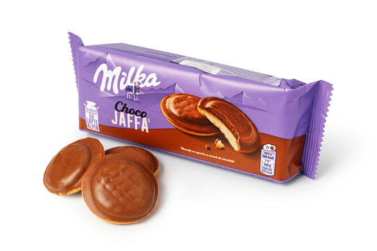 Milka choco jaffa biscuits with purple packaging