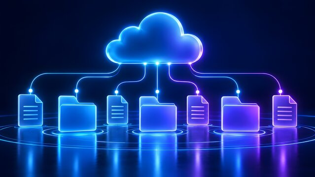 Glowing digital cloud computing icon connected to file folders illustrating online data storage network and information backup systems