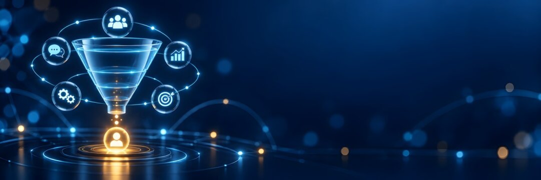 Glowing digital marketing funnel filtering data icons into a single target audience figure symbolizing sales conversion and lead generation
