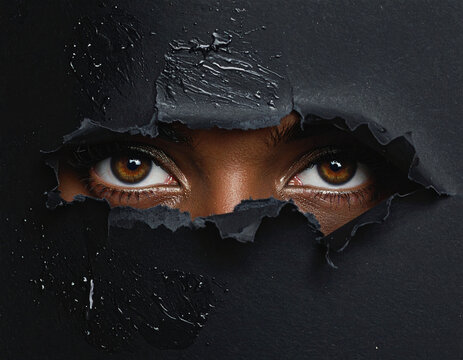 Close up of woman eyes looking through torn black paper