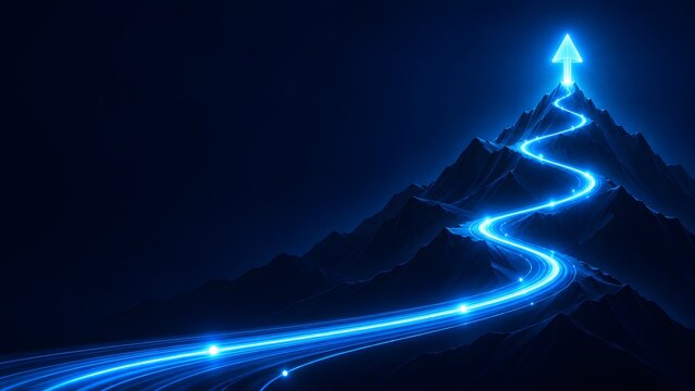 Business challenge concept with a glowing blue light trail winding up a dark mountain peak ending in an upward success arrow