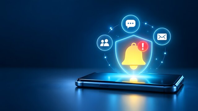 Glowing digital notification bell inside a security shield popping up from a smartphone symbolizing cybersecurity alerts and secure communication