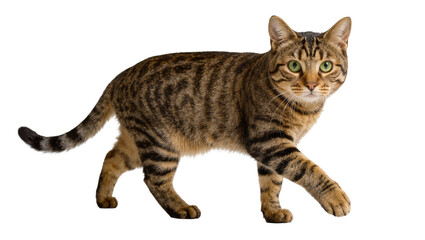 Fototapeta premium Tabby cat with green eyes walking, isolated on transparent background