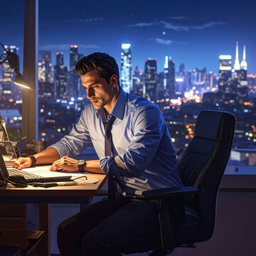 Businessman working late in office with city skyline view