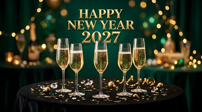 Happy new year 2027 with five champagne flutes on a table