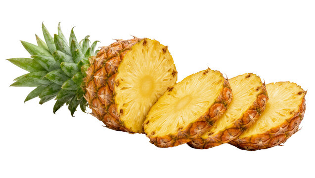 Whole pineapple with green leaves sliced into rings, isolated on transparent background