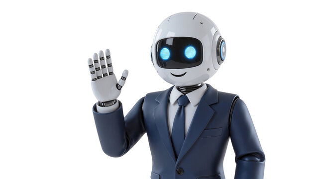 Friendly robot wearing a suit and tie waving hello, isolated on transparent background