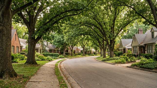 Tree-lined residential neighborhood demonstrating urban cooling, shade, and climate resilience for sustainable city planning, real estate communication, and environmental campaigns.
