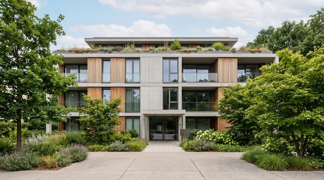 Modern sustainable residential architecture integrated with greenery and climate-responsive landscaping for real estate, architecture presentations, ESG communication, and urban development.