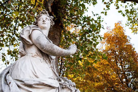 Stone statue framed by autumn leaves in Tuileries Garden Paris France creates a classical park scene with sculpture foliage and seasonal garden atmosphere